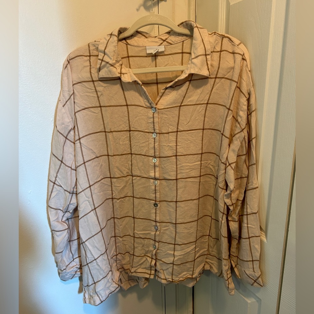 J Jill Checked Print, Button Front, Long Sleeve, Hilo Hemline